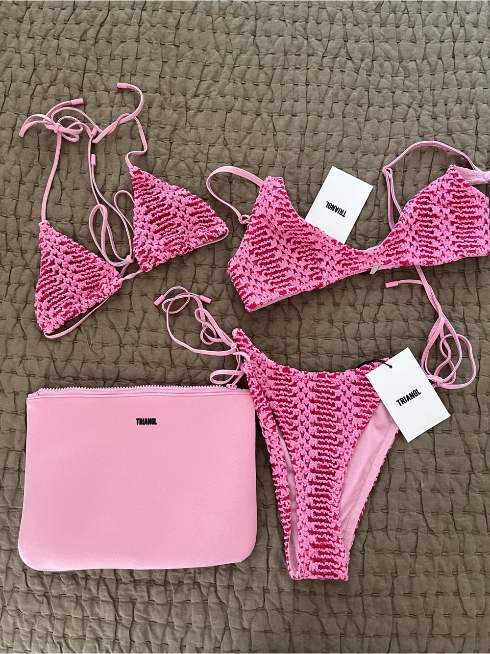 triangl swimwear Hot Pink Crochet Kids Bikini Set with Pouch